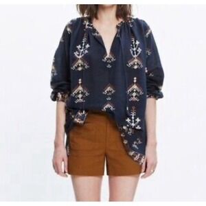 Madewell Women's Navy Embroidered Peasant‎ Top Size Medium Aztec Southwest Boho